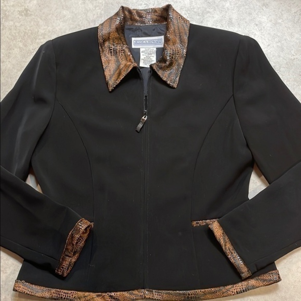 Jessica Howard Women’s Black Zip Front Blazer Animal Print Trim Sz 12
